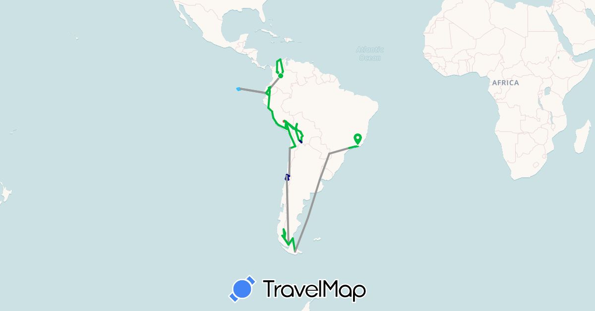 TravelMap itinerary: driving, bus, plane, hiking, boat in Argentina, Bolivia, Brazil, Chile, Colombia, Ecuador, Peru (South America)